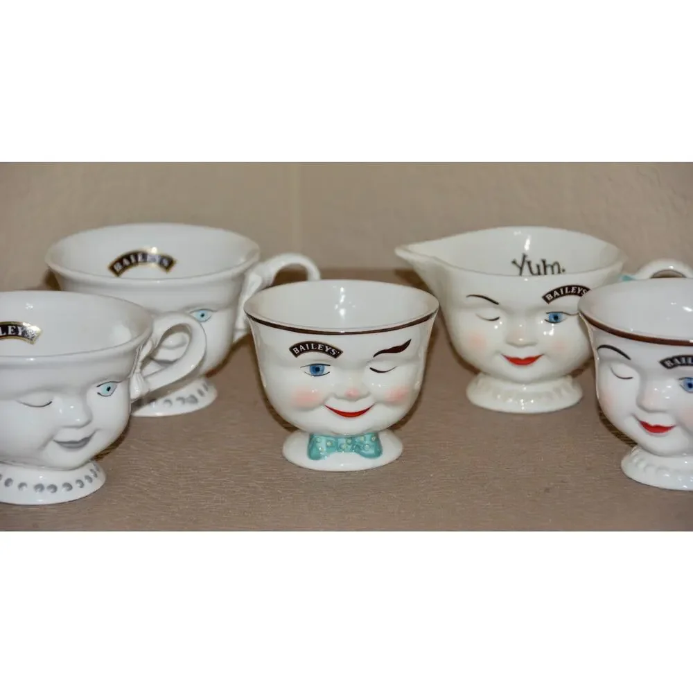 Baileys Irish Cream Winking Creamer & Sugar VINTAGE YUM Coffee Tea Cups 5pc Set